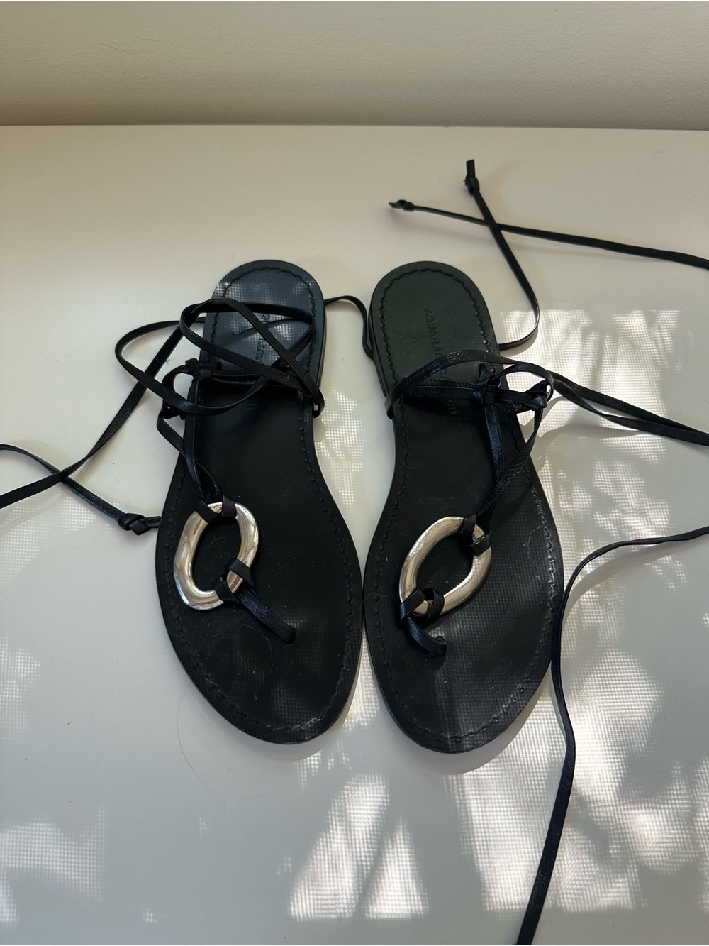 Black Leather Lace-Up Sandals with Silver Accent